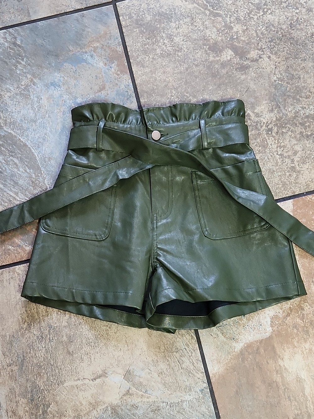 Blue Rain High-Waist Olive Green Faux Leather Shorts with Tie Belt
